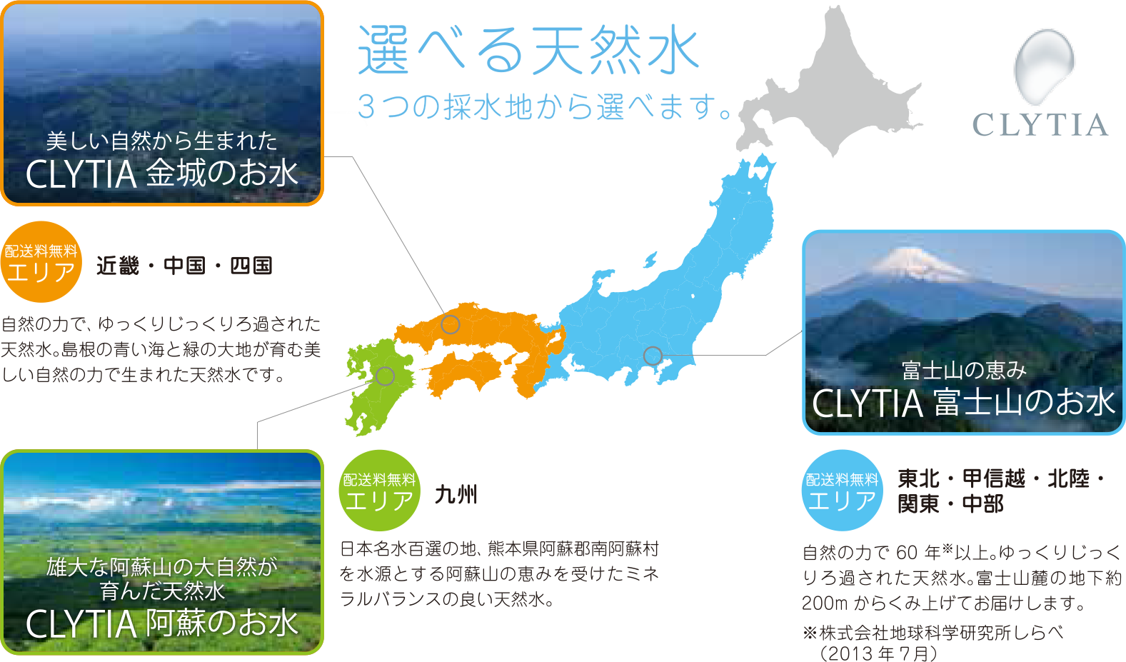選べる天然水 3つの採水地から選べます。金城、富士山、阿蘇